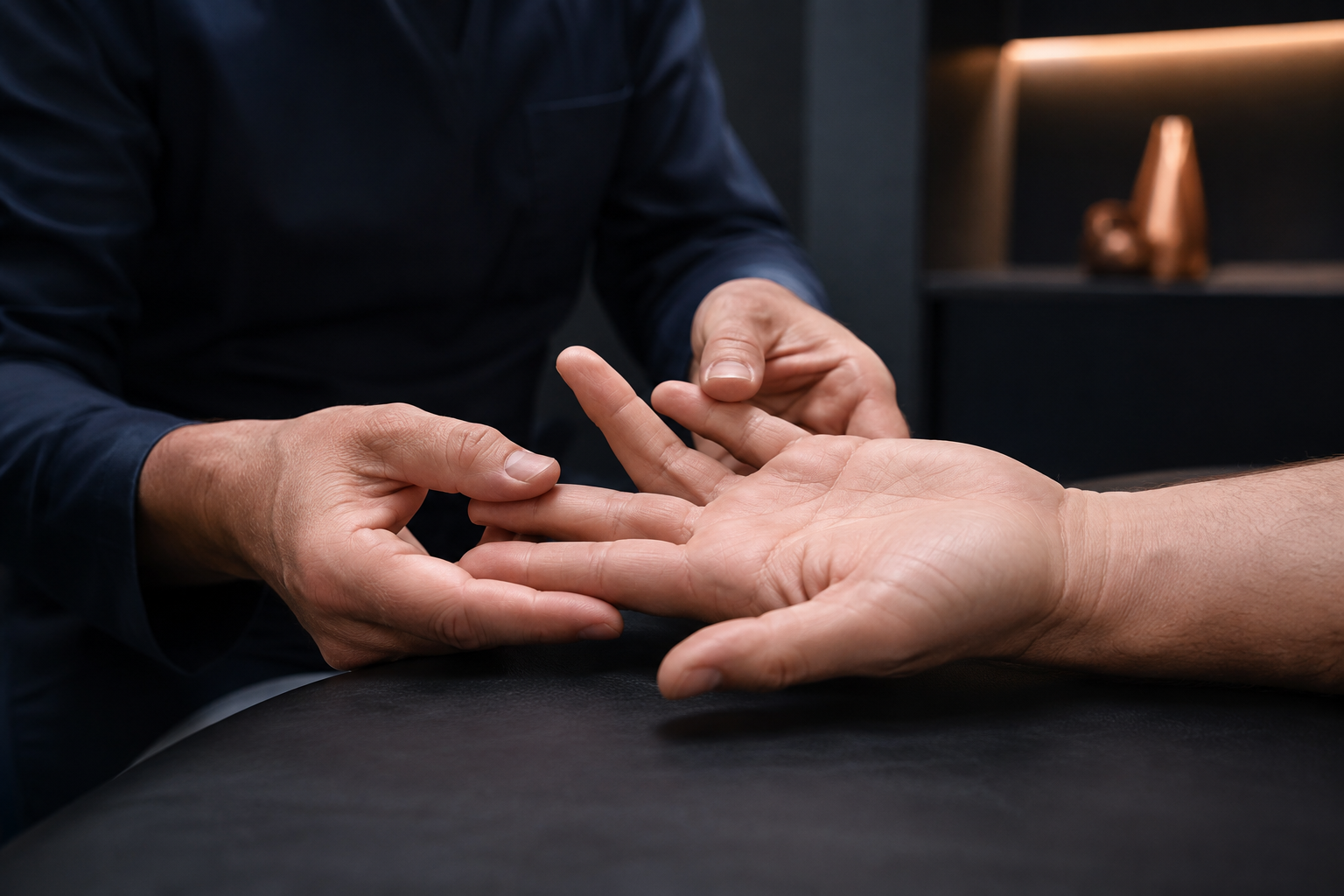 A hand surgeon assessing finger extension in a patient's open palm