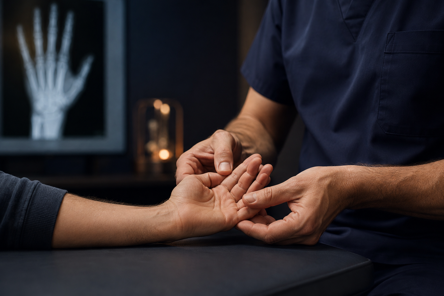 A hand surgeon carefully examining a patient's hand in a clinical setting