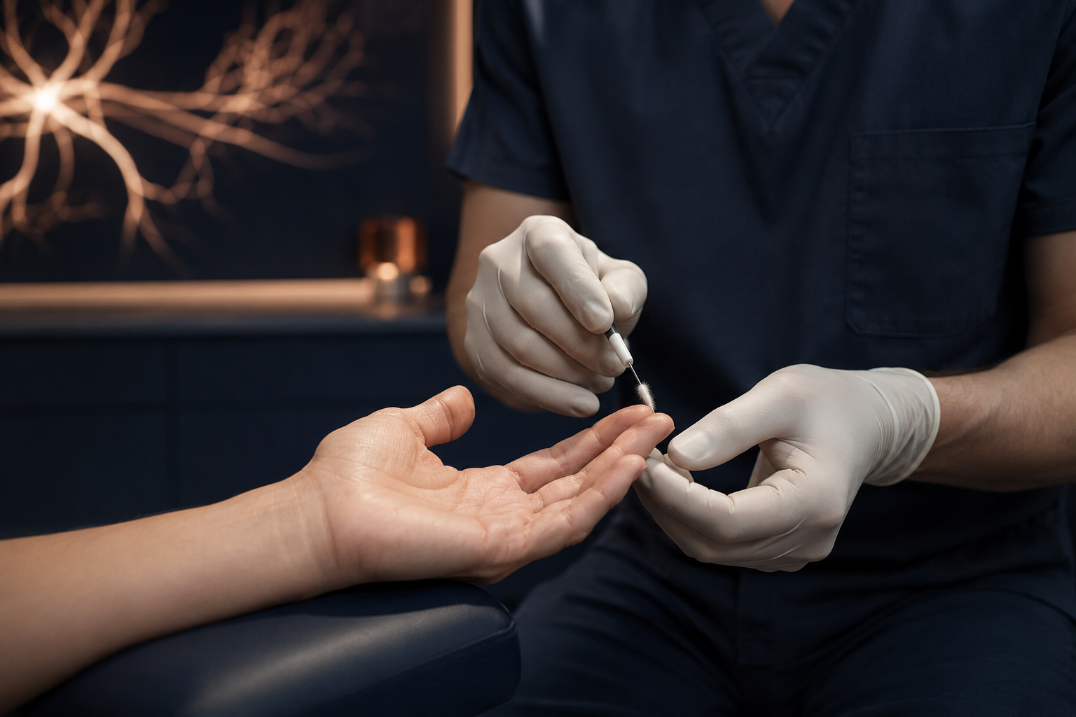 A hand surgeon performing a gentle sensory examination of a patient's fingertip