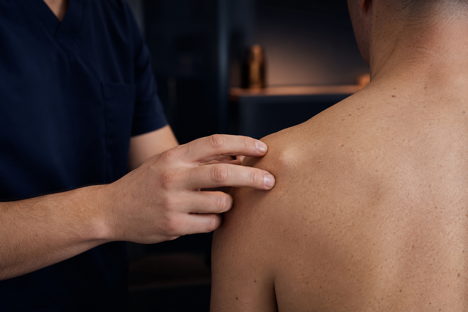 A consultant carefully examining a small cyst on a patient's shoulder